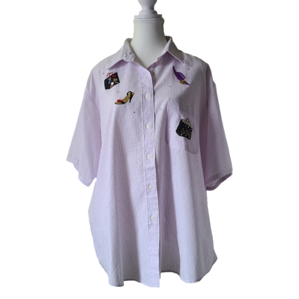 Las Olas Lavender Striped Button Down Short Sleeve Blouse Women's Purple Top